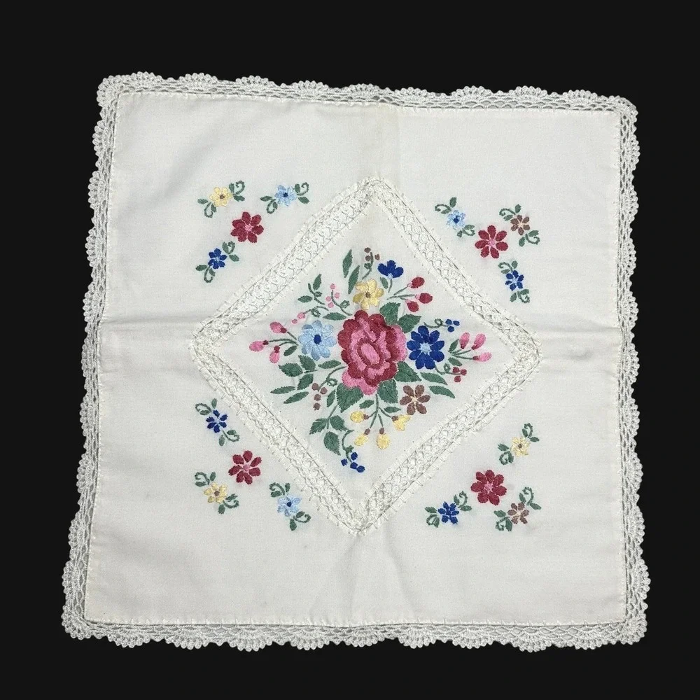 Vintage Hand Embroidered Floral Pillow Sham White Lace Trim Zipper Back 16x16